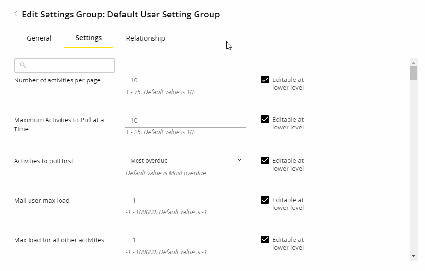 Settings Group Settings tab