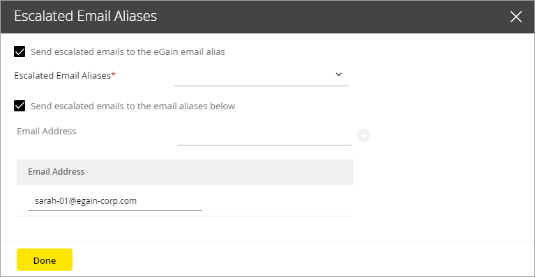 Select email aliases for sending escalated emails