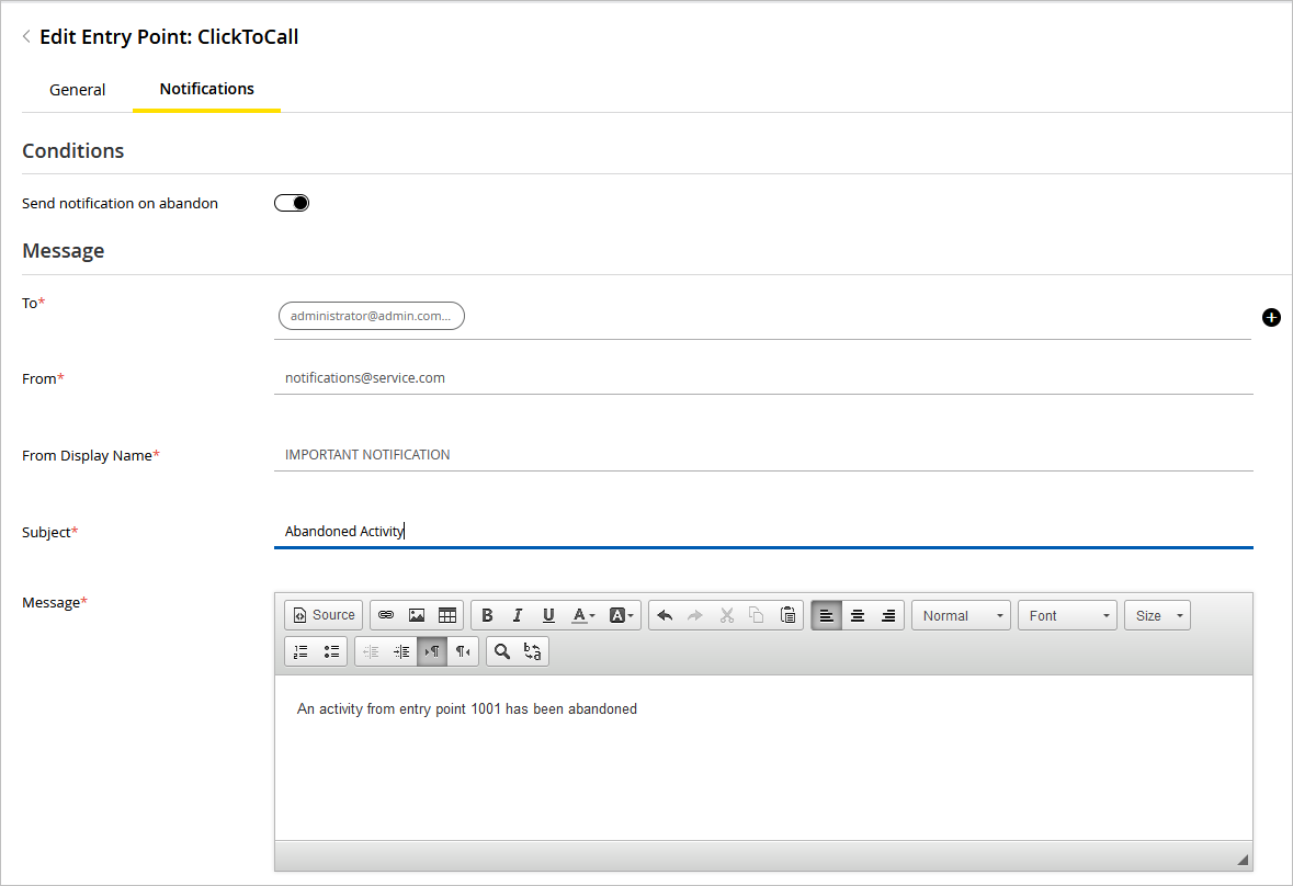 Notificiations tab for clicktocall entry point