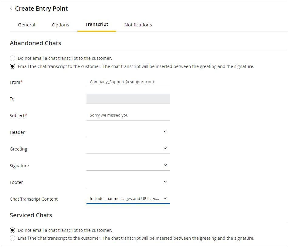 Chat Entry Point Transcript Tab