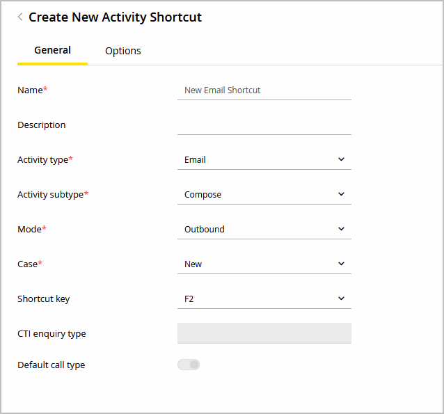 New Activity Shortcut General Tab