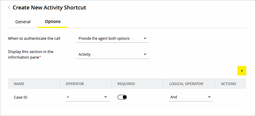 New Activity Shortcut Options Tab