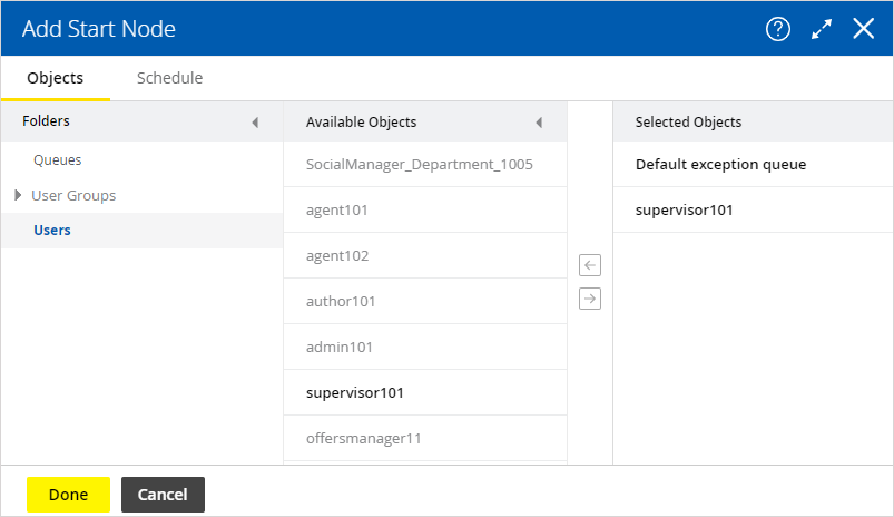 Alarm workflow start node objects