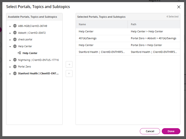select portals, topics