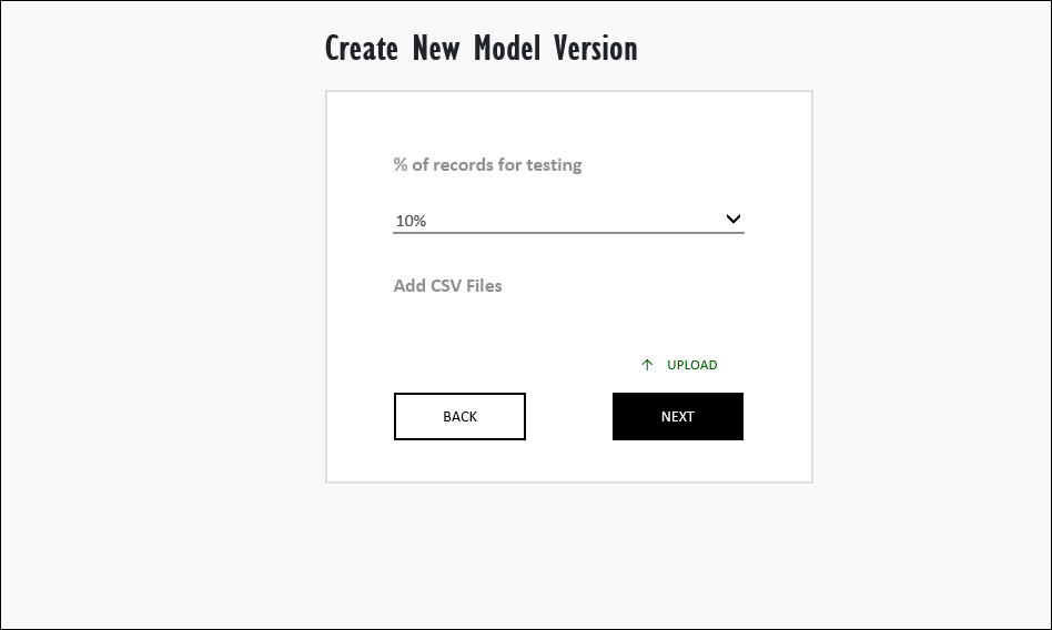 The Create New Model window with a testing percentage selected The Create New Model window with a testing percentage selected