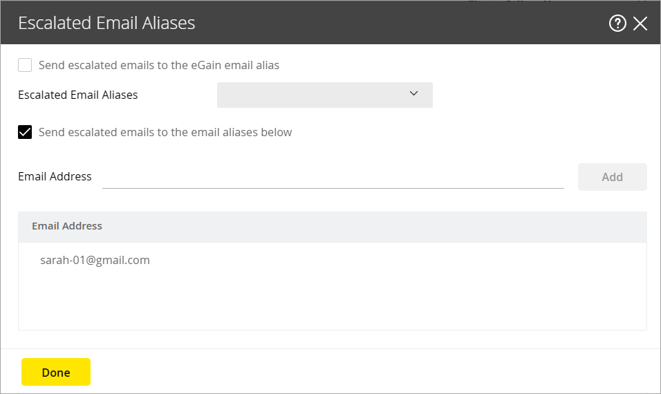 Select email aliases for sending escalated emails