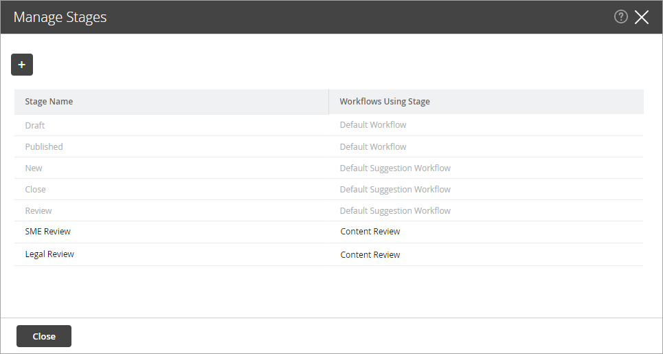 Manage Stages window
