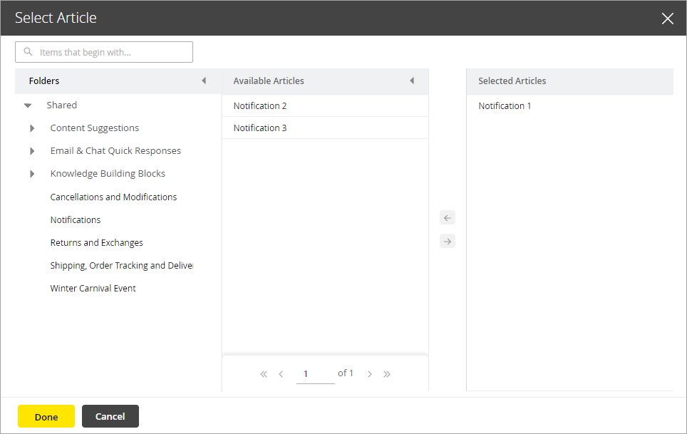 Select an article for the notification message