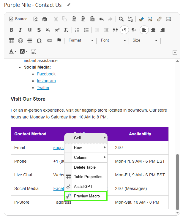 Preview Macro option in the Content Area