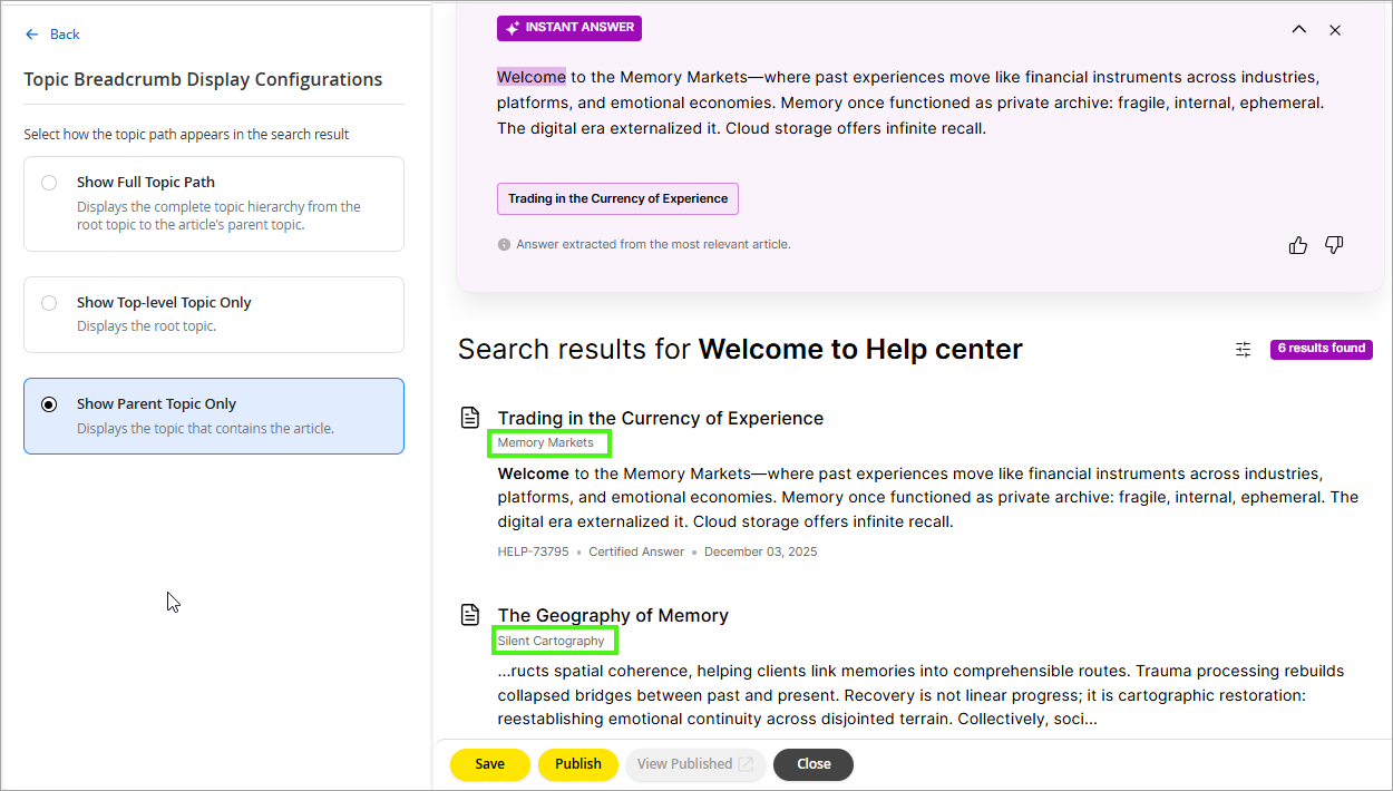 Topic breadcrumb display configurations