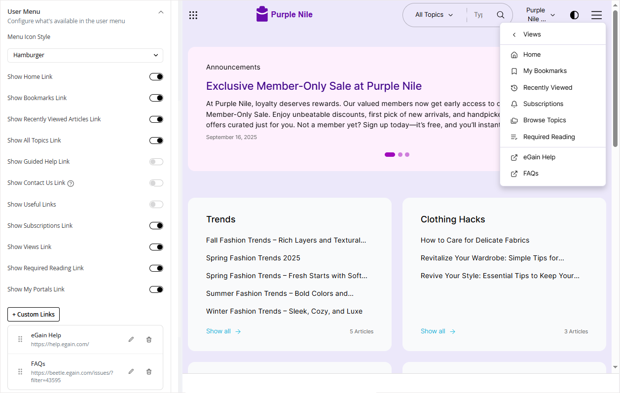 enable user menu uptions