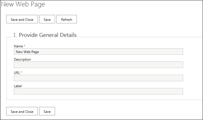 New web page general details form